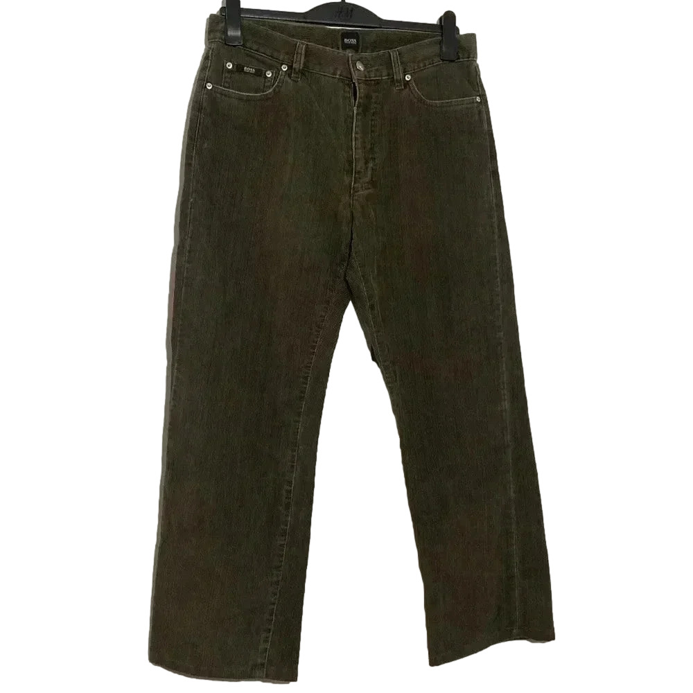 HUGO BOSS men brownish-green corduroy straight mid rise zip  up academia…